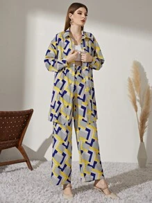 Seusyu Geo And Striped Print Button Up Blouse With Trousers - Multicolor - View 3