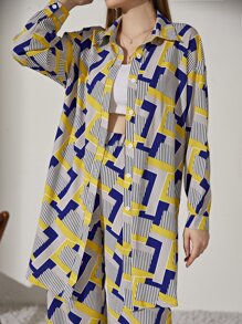 Seusyu Geo And Striped Print Button Up Blouse With Trousers - Multicolor - View 4