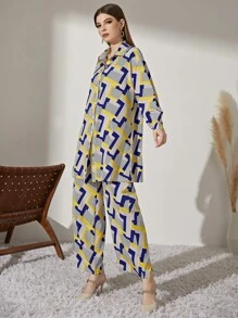 Seusyu Geo And Striped Print Button Up Blouse With Trousers - Multicolor - View 5