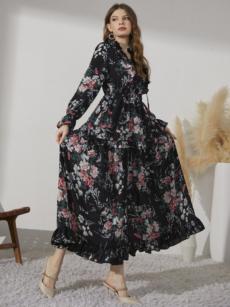 Modelyn Floral Print Tie Neck Flounce Sleeve Ruffle Hem Modest Long Sleeve Dress - Black - View 6