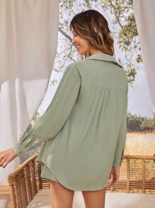 SHEIN Frenchy 翻領前口袋襯衫和腰部抽繩短褲 - 薄荷綠 - 查看 2