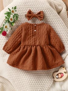 Bebé Vestido con textura de cable ribete con fruncido con diadema - Óxido marrón - Ver 2