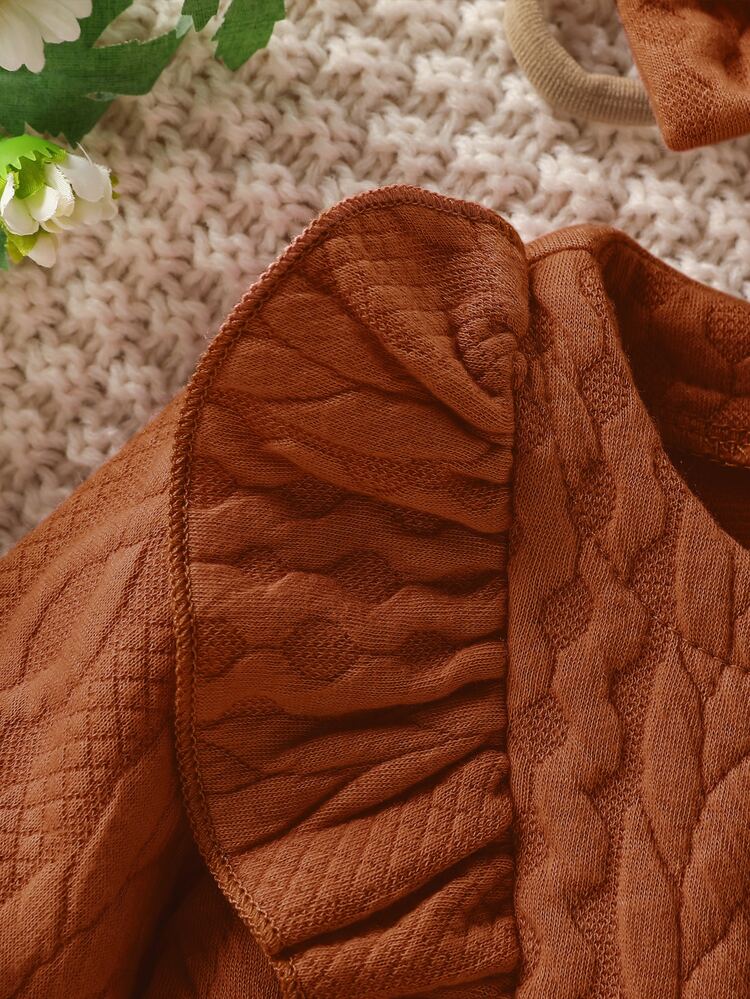 Baby Cable Textured Ruffle Trim Dress With Headband - Rust Brown - View 4