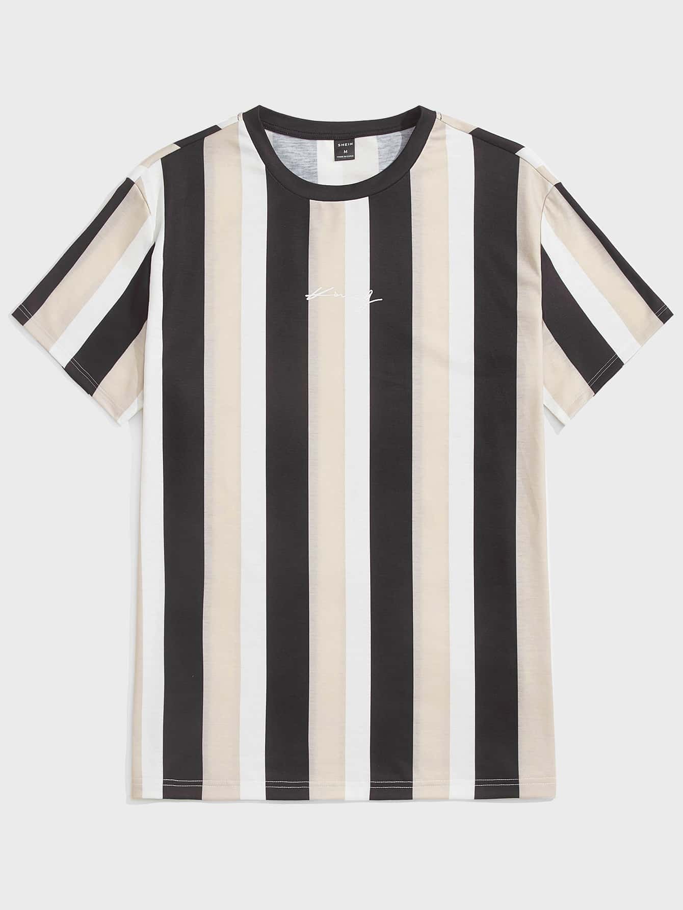 Manfinity 男士條紋和字母圖案T恤 - 彩色 - 查看 1