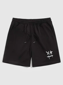 Manfinity EZcore Men Cartoon Embroidery Drawstring Waist Shorts - Black - View 1