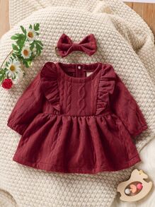 Baby Cable Textured Ruffle Trim Dress With Headband