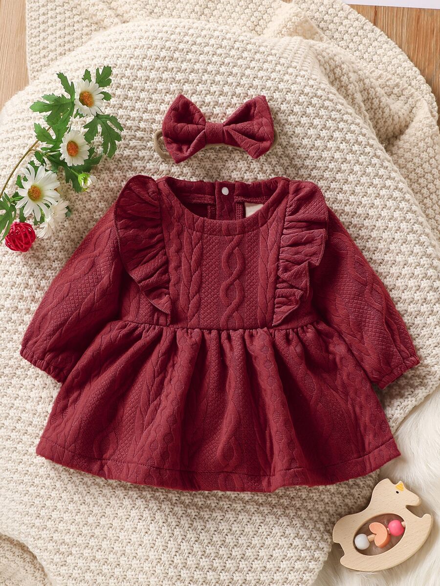 Baby Cable Textured Ruffle Trim Dress With Headband
