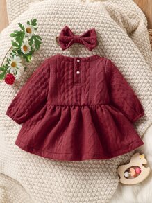 Baby Cable Textured Ruffle Trim Dress With Headband