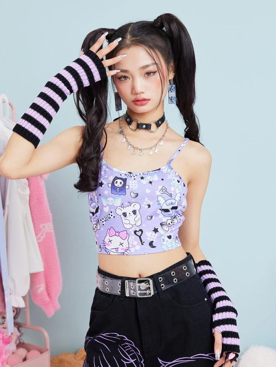 ROMWE Kawaii Cartoon Graphic Crop Cami - Purple - View 1