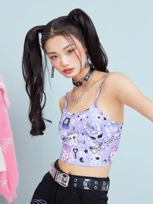 ROMWE Kawaii Cartoon Graphic Crop Cami - Purple - View 3