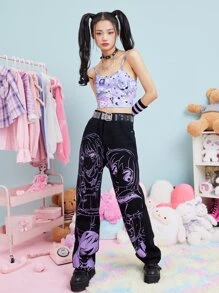 ROMWE Kawaii Cartoon Graphic Crop Cami - Purple - View 5