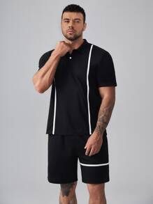 Manfinity 男士條紋印花POLO衫和短褲 - 黑色 - 查看 1