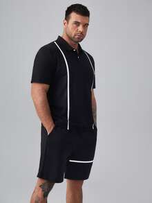 Manfinity 男士條紋印花POLO衫和短褲 - 黑色 - 查看 3