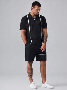Manfinity 男士條紋印花POLO衫和短褲 - 黑色 - 查看 4