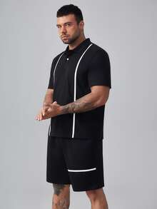 Manfinity 男士條紋印花POLO衫和短褲 - 黑色 - 查看 5