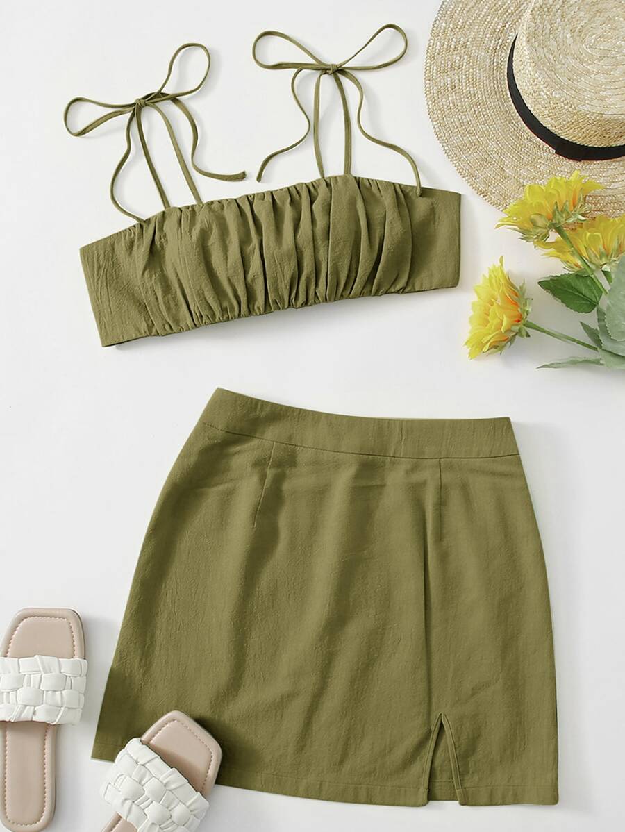 SHEIN ICON Knot Shoulder Tie Back Ruched Bust Crop Cami Top & Split Hem Skirt Set - Army Green - View 1