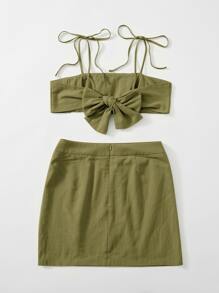 SHEIN ICON Knot Shoulder Tie Back Ruched Bust Crop Cami Top & Split Hem Skirt Set - Army Green - View 2