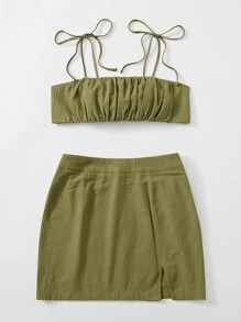 SHEIN ICON Knot Shoulder Tie Back Ruched Bust Crop Cami Top & Split Hem Skirt Set - Army Green - View 3