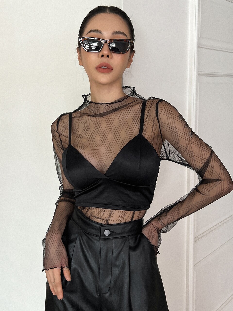 Mock Neck Mesh Top Without Bra Sheer Top