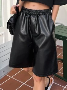 DAZY Slant Pocket PU Shorts - Black - View 1