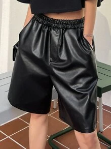 DAZY Slant Pocket PU Shorts - Black - View 2