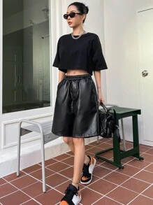 DAZY Slant Pocket PU Shorts - Black - View 4