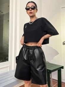 DAZY Slant Pocket PU Shorts - Black - View 6