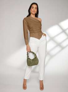 Modelyn Solid One Shoulder Hanky Hem Blouse - Brown - View 3