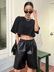 DAZY Slant Pocket PU Shorts - Black - View 8