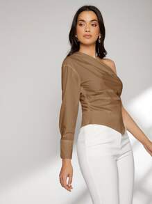 Modelyn Solid One Shoulder Hanky Hem Blouse - Brown - View 5