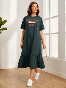 Mulvari 落肩標語圖案娃娃洋裝 - 墨綠色 - 查看 1