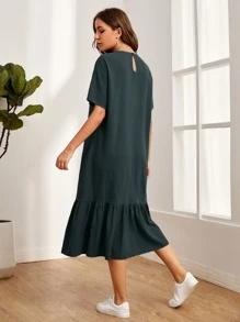 Mulvari 落肩標語圖案娃娃洋裝 - 墨綠色 - 查看 2