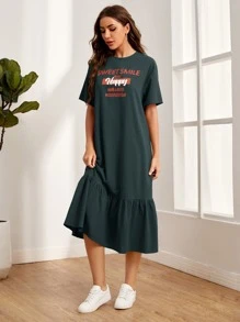 Mulvari 落肩標語圖案娃娃洋裝 - 墨綠色 - 查看 3