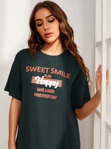 Mulvari 落肩標語圖案娃娃洋裝 - 墨綠色 - 查看 4