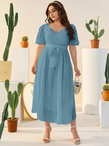 Mulvari Plus Surplice Neck Puff Sleeve Belted Dress - Dusty Blue - View 1