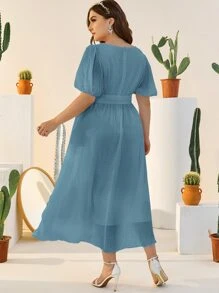 Mulvari Plus Surplice Neck Puff Sleeve Belted Dress - Dusty Blue - View 2