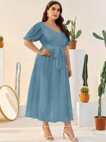 Mulvari Plus Surplice Neck Puff Sleeve Belted Dress - Dusty Blue - View 3