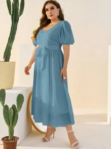 Mulvari Plus Surplice Neck Puff Sleeve Belted Dress - Dusty Blue - View 4