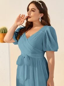 Mulvari Plus Surplice Neck Puff Sleeve Belted Dress - Dusty Blue - View 5