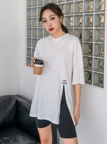 DAZY 標語貼布細節下擺開叉落肩T恤 - 白色 - 查看 3