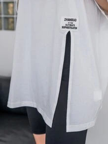 DAZY 標語貼布細節下擺開叉落肩T恤 - 白色 - 查看 4