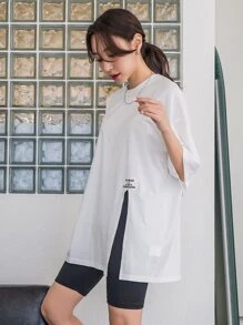 DAZY 標語貼布細節下擺開叉落肩T恤 - 白色 - 查看 5