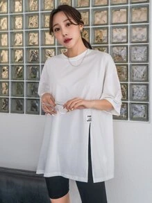 DAZY 標語貼布細節下擺開叉落肩T恤 - 白色 - 查看 7