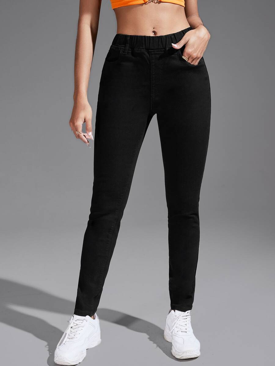 SHEIN EZwear Elastic Waist Skinny Jeans - Black - View 1