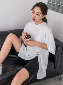 DAZY 標語貼布細節下擺開叉落肩T恤 - 白色 - 查看 8