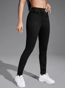 SHEIN EZwear Elastic Waist Skinny Jeans - Black - View 3