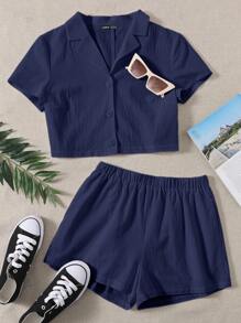 SHEIN EZwear Conjunto Shorts con blusa con botón unicolor - Azul Marino - Ver 1