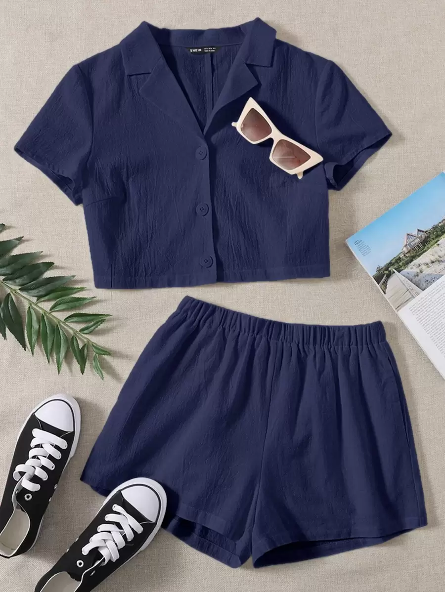 SHEIN EZwear Conjunto Shorts con blusa con botón unicolor - Azul Marino - Ver 1
