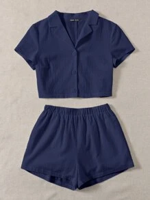 SHEIN EZwear Conjunto Shorts con blusa con botón unicolor - Azul Marino - Ver 3