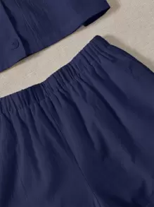 SHEIN EZwear Conjunto Shorts con blusa con botón unicolor - Azul Marino - Ver 5